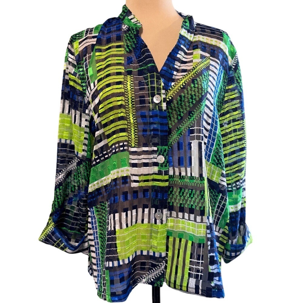 RUBY RD Sheer Green‎ Blue Abstract Print Button Down Blouse Shirt Top Size 10